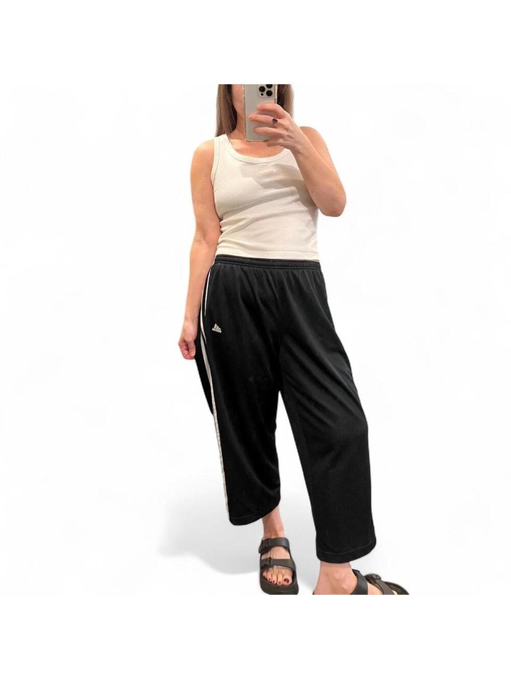 Adidas Black 3 Stripe Track Pants Cropped Wide Leg Y2K
